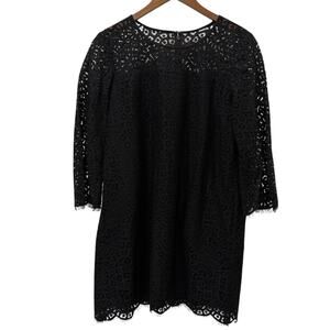 GAP Dress Womens M Petite Black Lace Shift 3/4 Sleeve Scallop Hem Cocktail